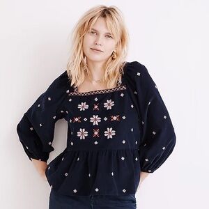Madewell Button Back Corduroy Embroidered Peplum Top, size M